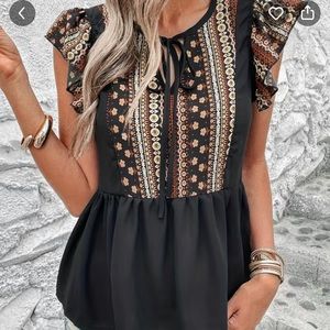 Tribal Print V-neck Loose Blouses, Casual Lace Up Ruffle Flying Sleeve